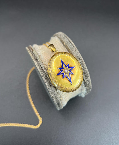 Victorian Pearl And Enamel Oval Locket Pendant In 15 Carat Yellow Gold