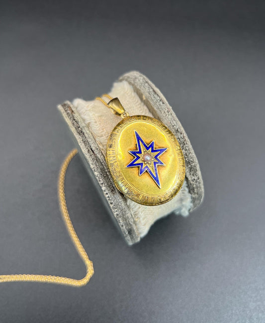 Victorian Pearl And Enamel Oval Locket Pendant In 15 Carat Yellow Gold