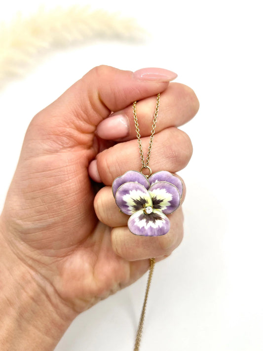 Edwardian 14 Carat Yellow Gold Enamel and Diamond Pansy Flower Pendant/Brooch