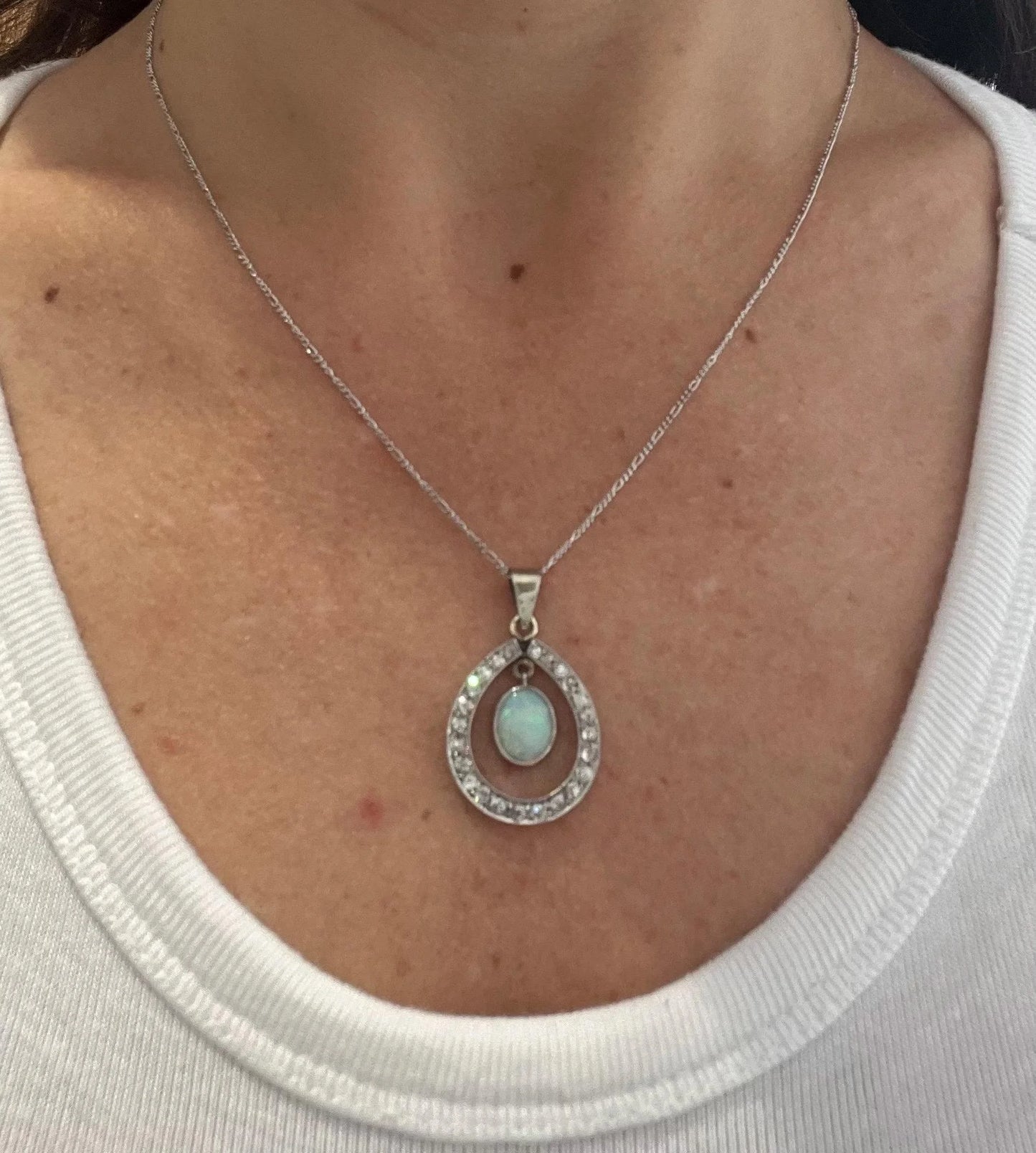 Antique 18 Carat White Gold Edwardian Opal And Diamond Pendant