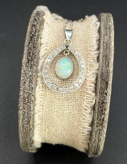 Antique 18 Carat White Gold Edwardian Opal And Diamond Pendant