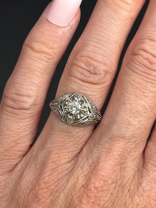 Antique 14ct white gold, 1920s Art Deco Diamond Bombe Engagement Ring