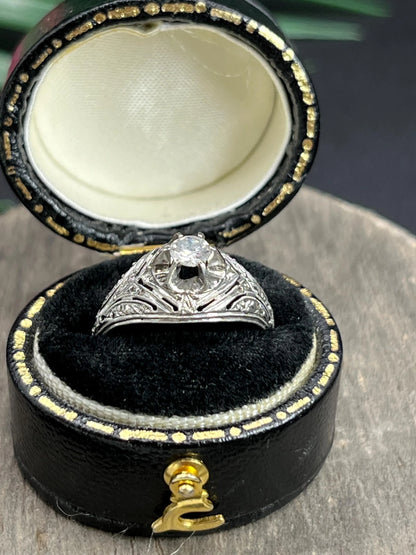 Antique 14 ct white gold, 1920's Art Deco Diamond Bombe Engagement Ring