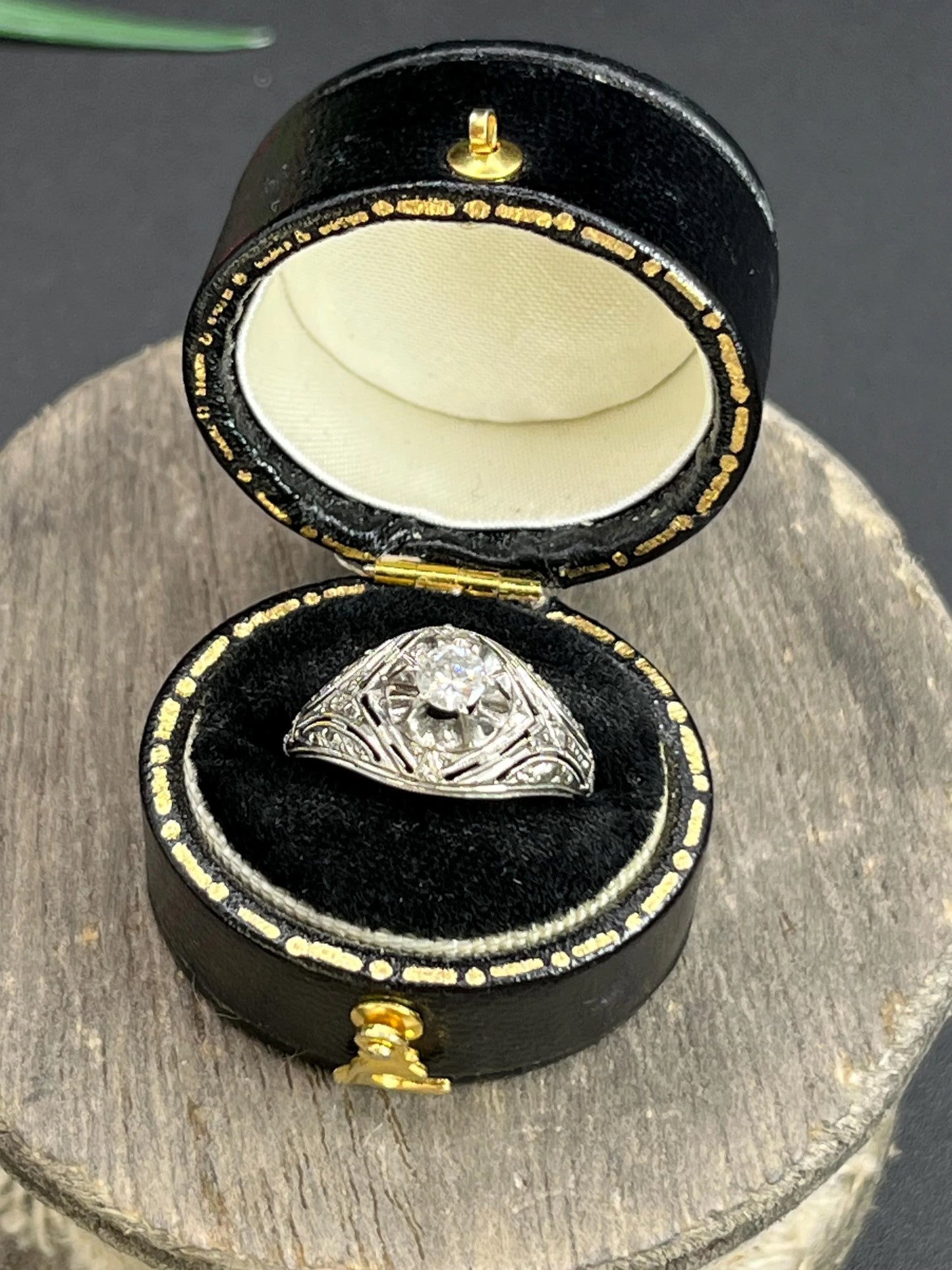 Antique 14 ct white gold, 1920's Art Deco Diamond Bombe Engagement Ring