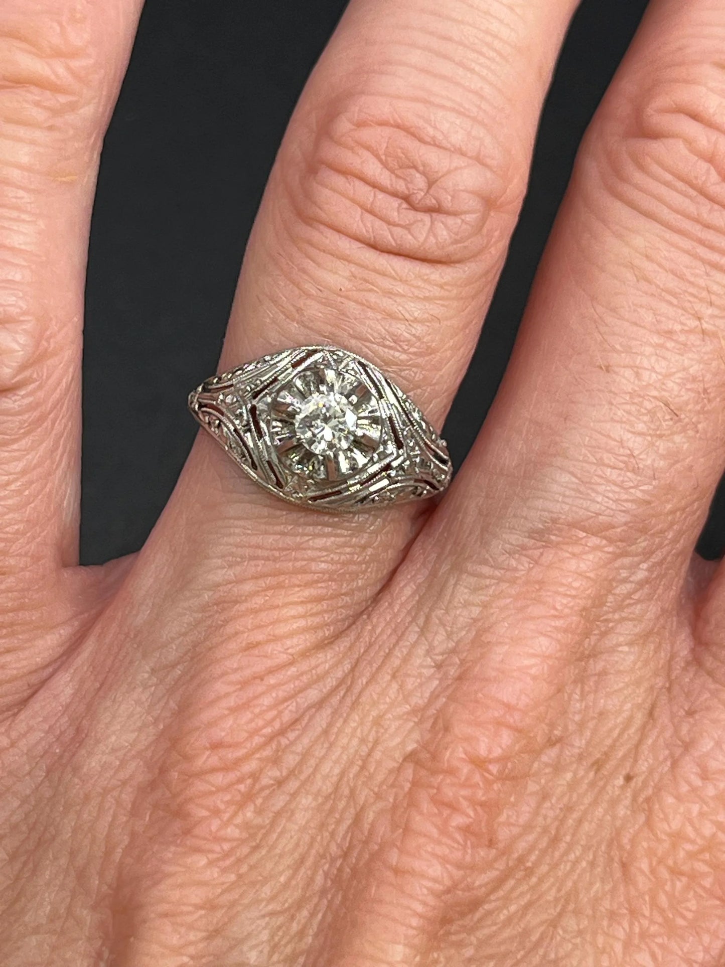 Antique 14 ct white gold, 1920's Art Deco Diamond Bombe Engagement Ring