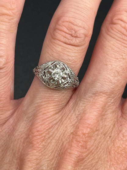 Antique 14 ct white gold, 1920's Art Deco Diamond Bombe Engagement Ring