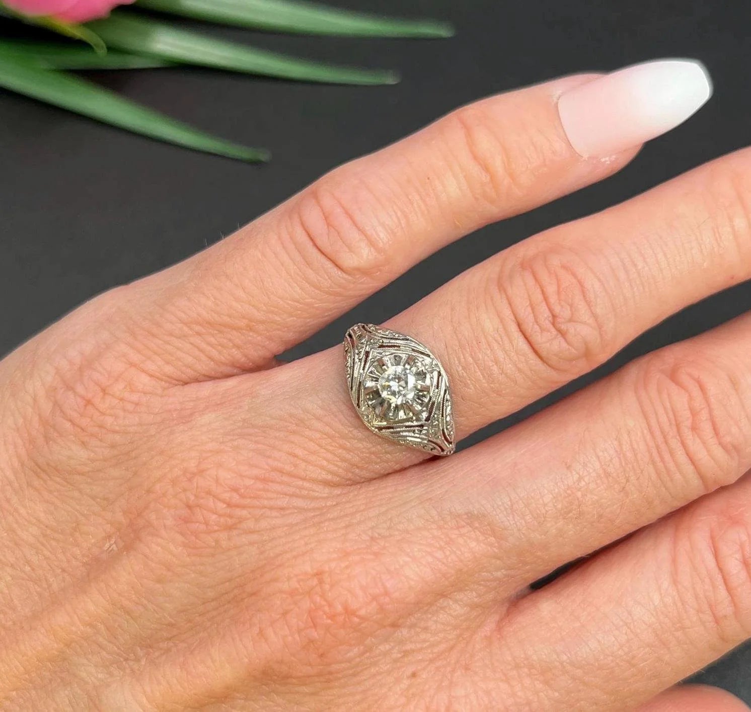 Antique 14 ct white gold, 1920's Art Deco Diamond Bombe Engagement Ring