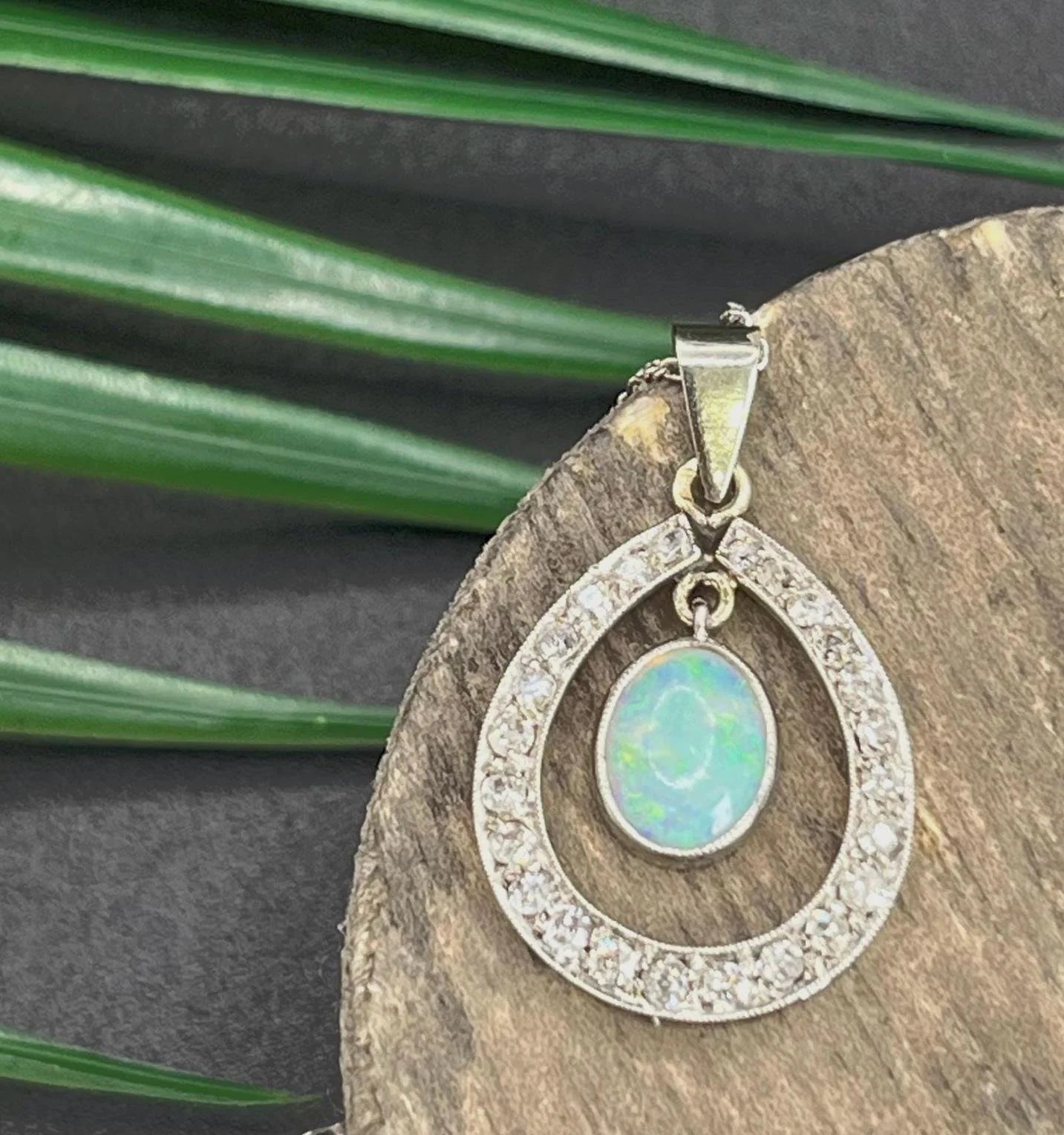 Antique 18 Carat White Gold Edwardian Opal And Diamond Pendant