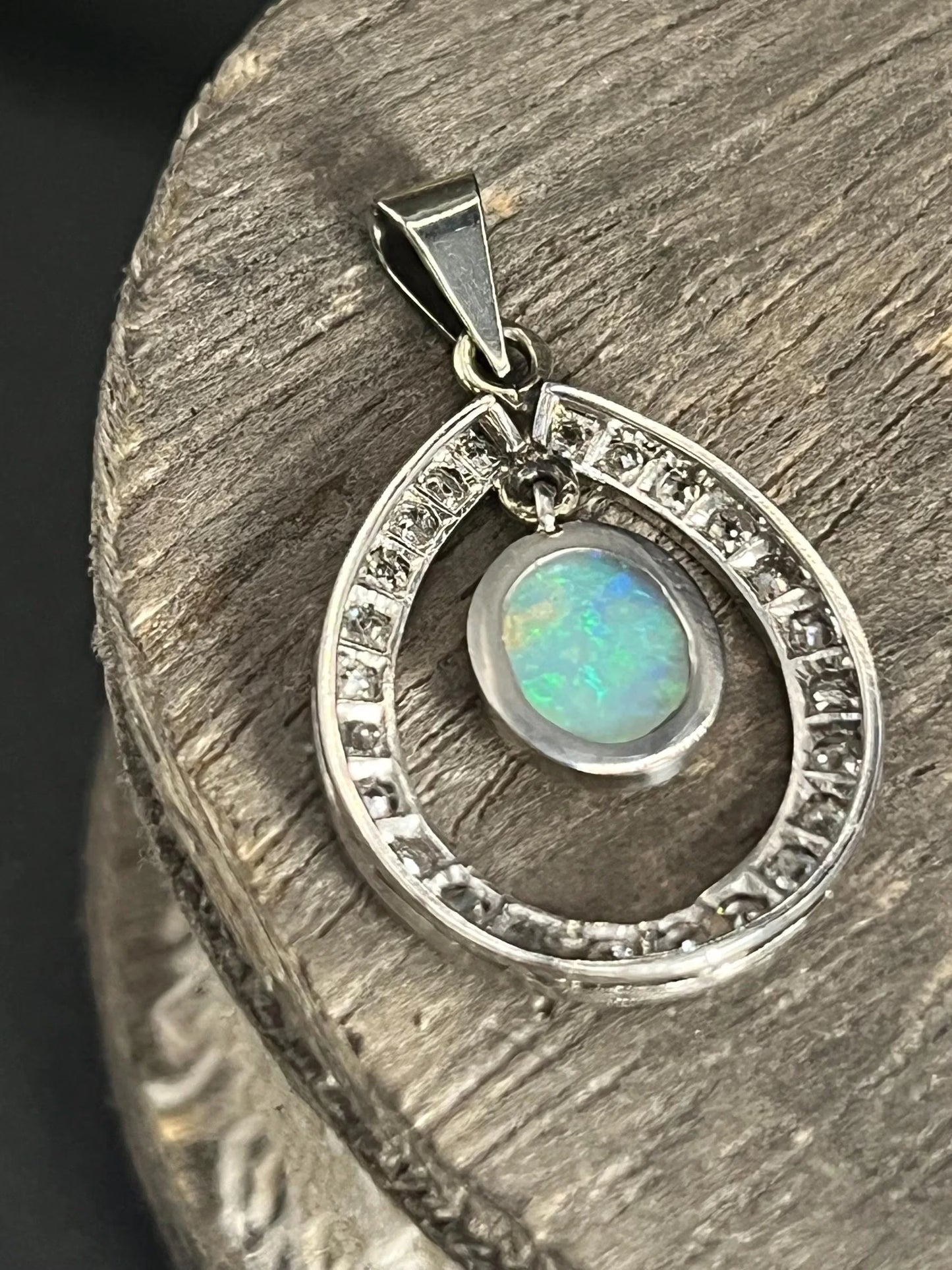Antique 18 Carat White Gold Edwardian Opal And Diamond Pendant