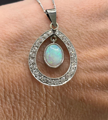 Antique 18 Carat White Gold Edwardian Opal And Diamond Pendant
