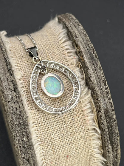 Antique 18 Carat White Gold Edwardian Opal And Diamond Pendant