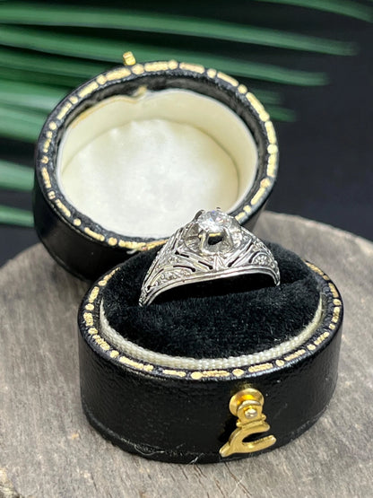 Antique 14 ct white gold, 1920's Art Deco Diamond Bombe Engagement Ring