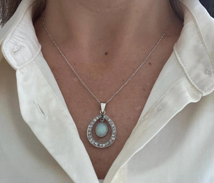 Antique 18 Carat White Gold Edwardian Opal And Diamond Pendant