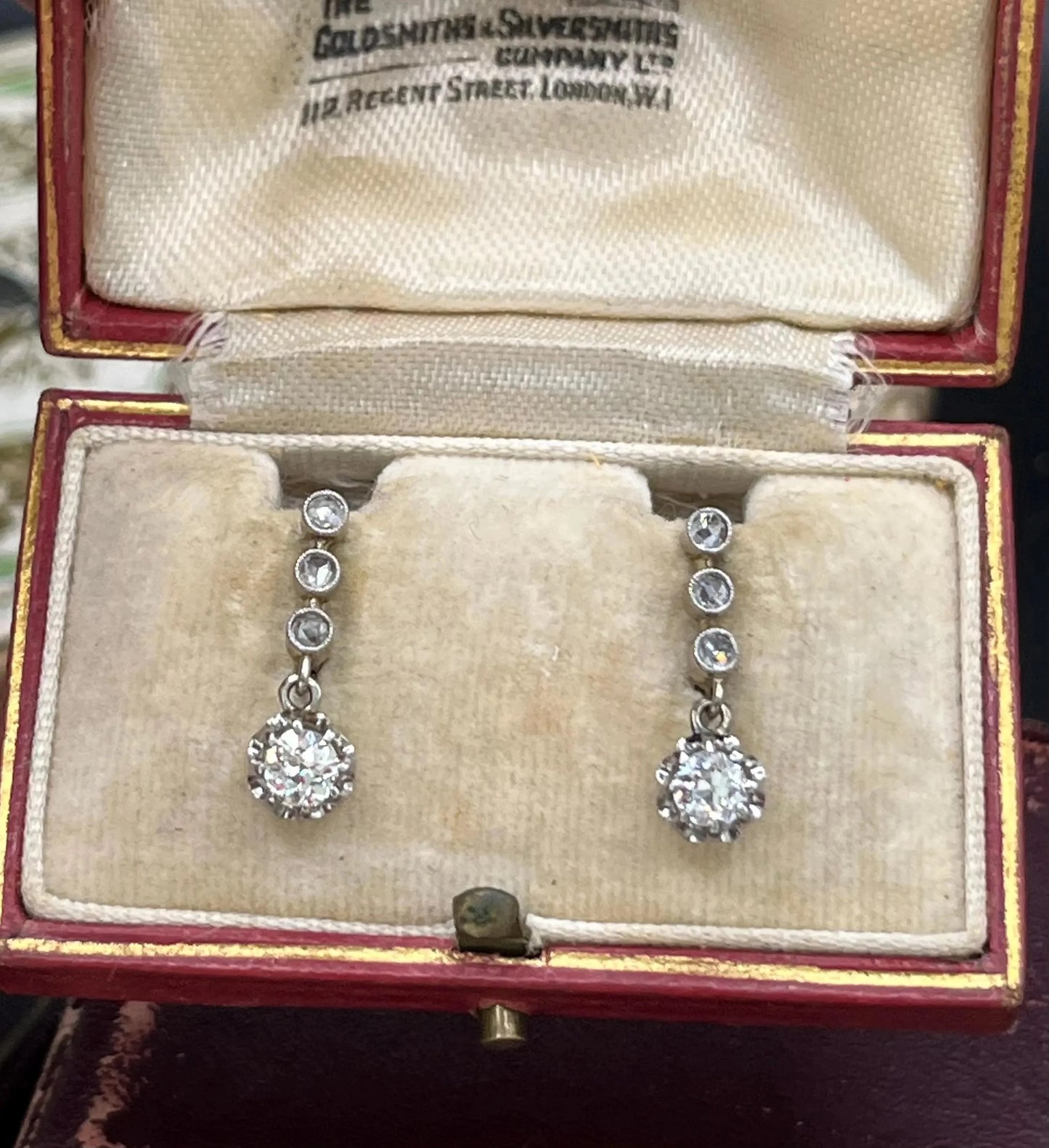 Antique French 18 Carat White Gold Diamond Drop Earrings, Circa 1920