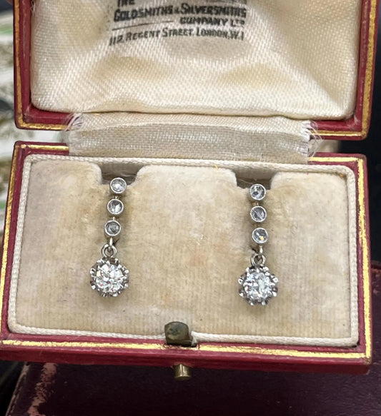 Antique French 18 Carat White Gold Diamond Drop Earrings, Circa 1920