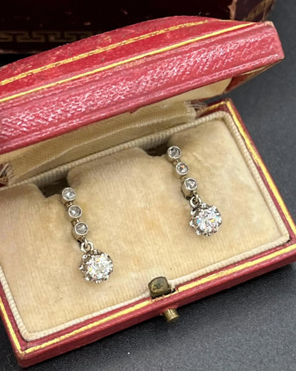 Antique French 18 Carat White Gold Diamond Drop Earrings, Circa 1920