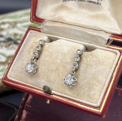 Antique French 18 Carat White Gold Diamond Drop Earrings, Circa 1920