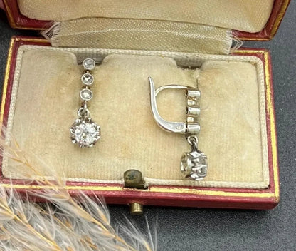 Antique French 18 Carat White Gold Diamond Drop Earrings, Circa 1920