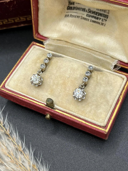 Antique French 18 Carat White Gold Diamond Drop Earrings, Circa 1920