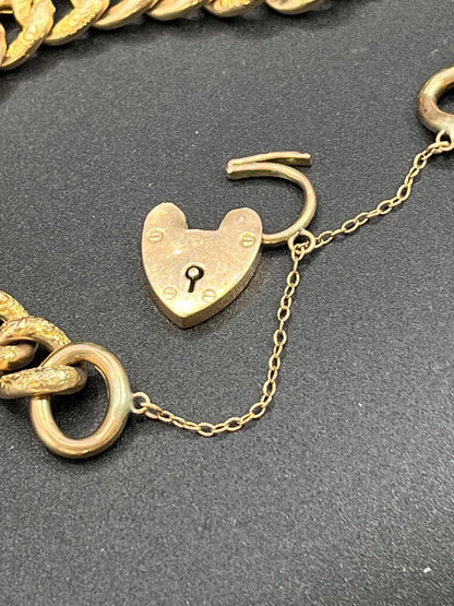 Antique 9 ct Rose Gold Edwardian Curb Link Heart Padlock Bracelet