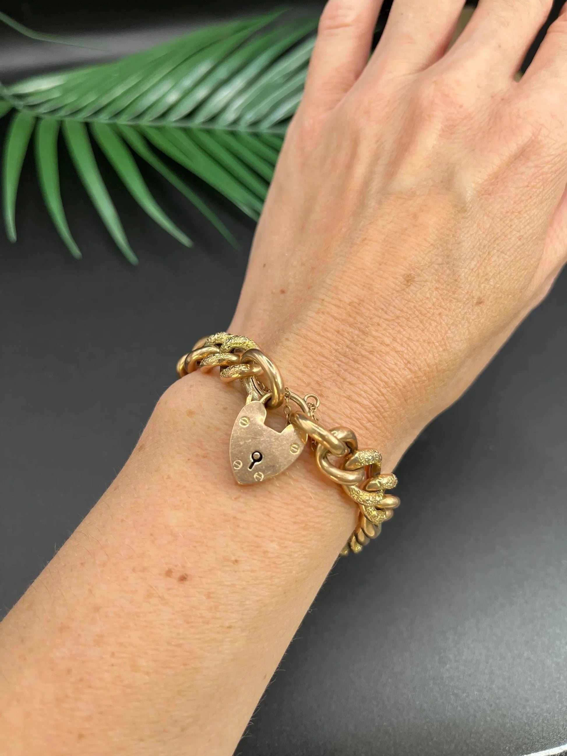 Antique 9 ct Rose Gold Edwardian Curb Link Heart Padlock Bracelet