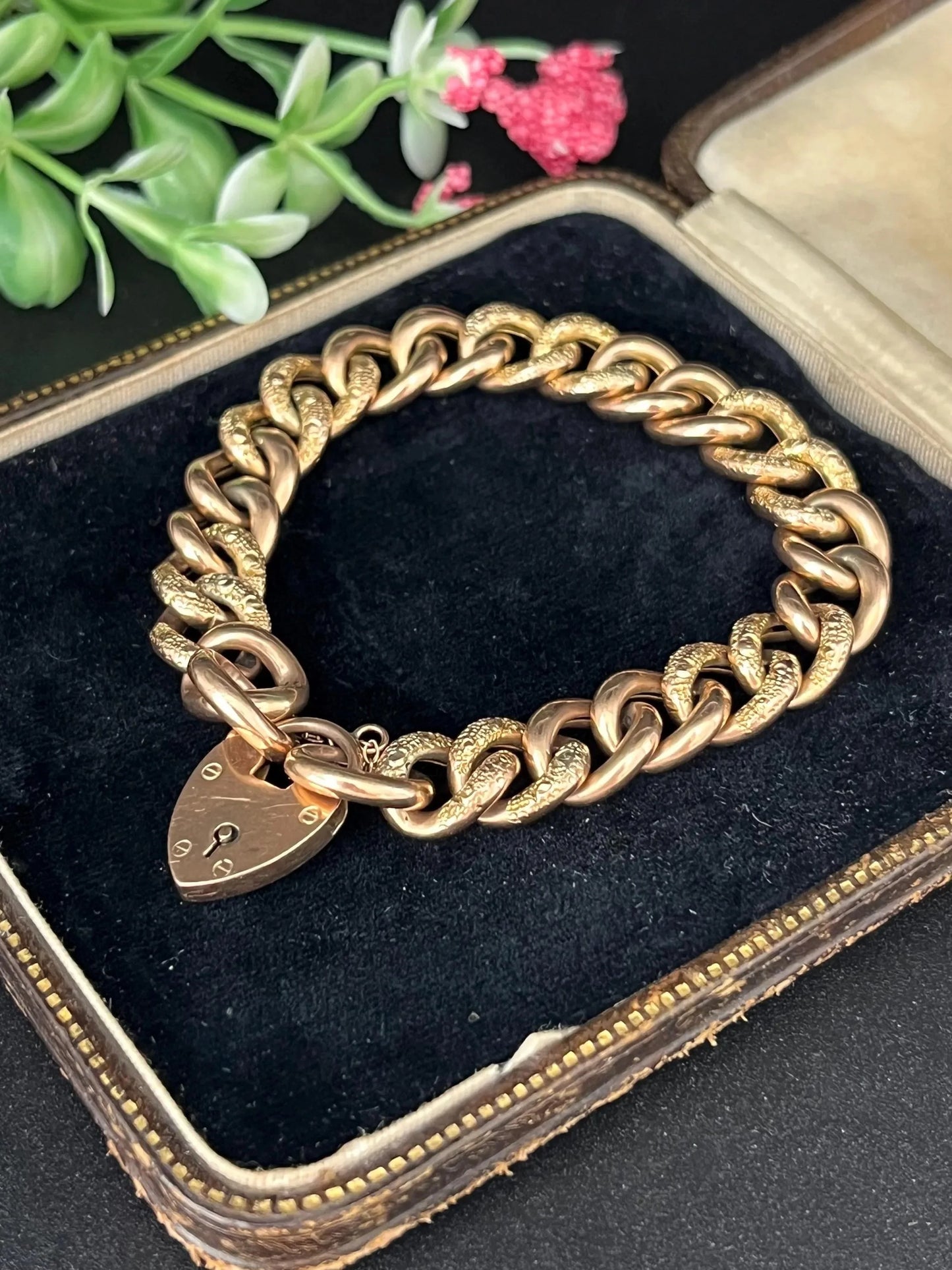 Antique 9 ct Rose Gold Edwardian Curb Link Heart Padlock Bracelet