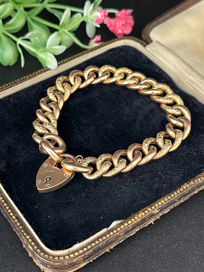 Antique 9 ct Rose Gold Edwardian Curb Link Heart Padlock Bracelet