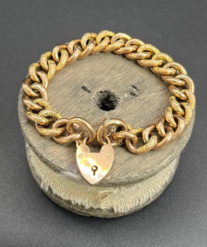 Antique 9 ct Rose Gold Edwardian Curb Link Heart Padlock Bracelet