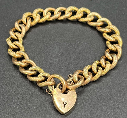 Antique 9 ct Rose Gold Edwardian Curb Link Heart Padlock Bracelet
