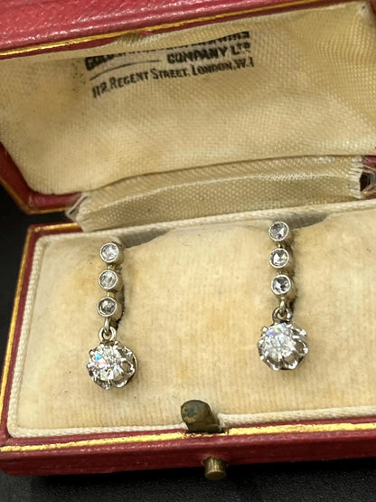 Antique French 18 Carat White Gold Diamond Drop Earrings, Circa 1920