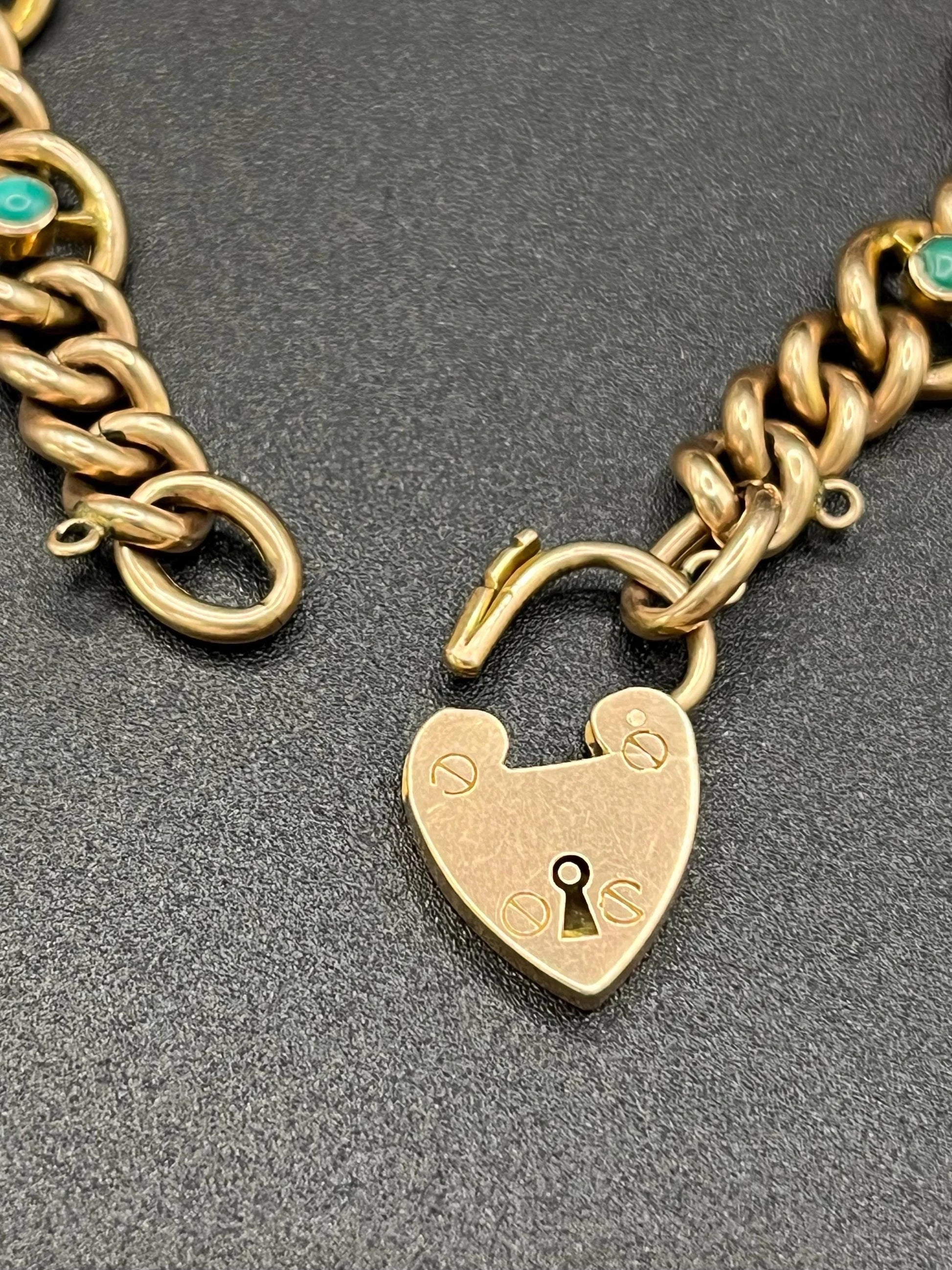 Antique 9 Carat Rose Gold Turquoise and Pearl Curb Bracelet with Heart Padlock