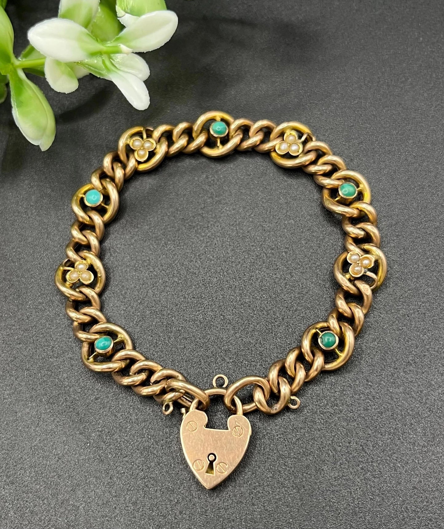 Antique 9 Carat Rose Gold Turquoise and Pearl Curb Bracelet with Heart Padlock