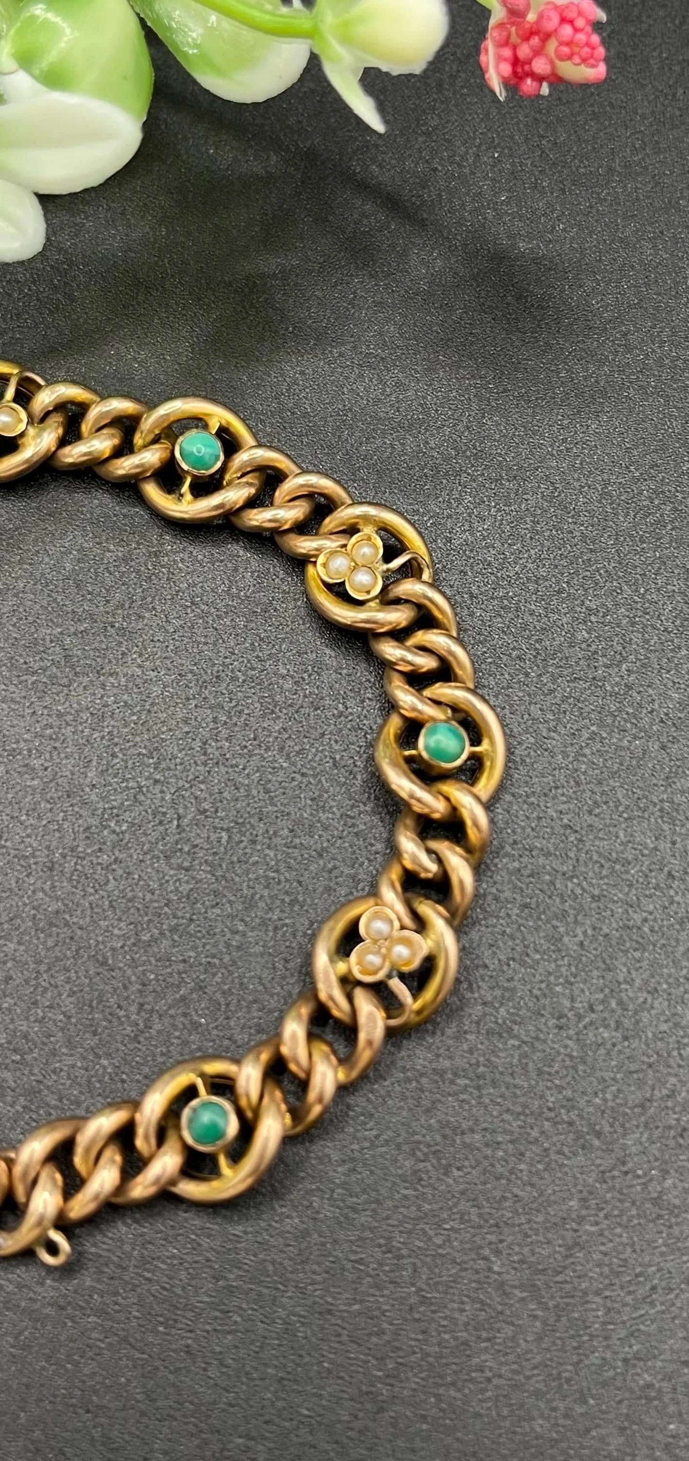 Antique 9 Carat Rose Gold Turquoise and Pearl Curb Bracelet with Heart Padlock