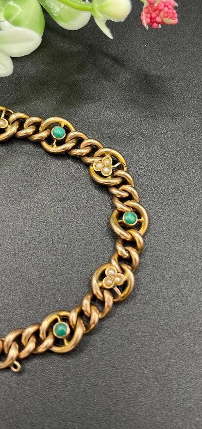 Antique 9 Carat Rose Gold Turquoise and Pearl Curb Bracelet with Heart Padlock