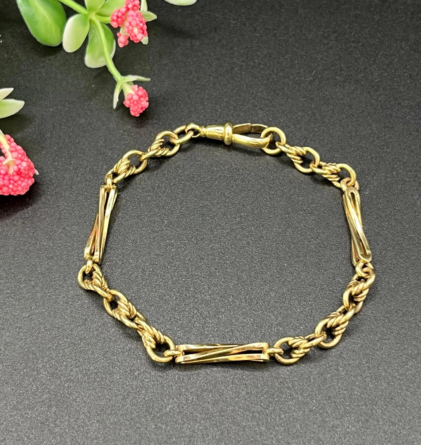 Antique 9 ct Yellow Gold Stamped, Edwardian Fancy Link Bracelet, With Swivel Clip Clasp