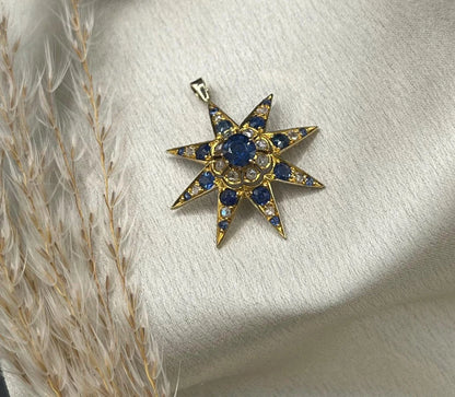 Edwardian 15 Carat Gold Sapphire and Diamond Starburst Pendant, Circa 1900
