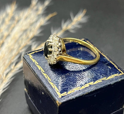 Vintage 18 Carat Gold Sapphire and Diamond Cluster Ring, Hallmarked London 1977