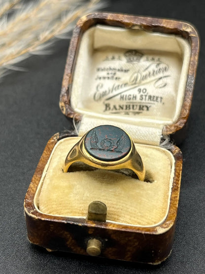 Antique 18 Carat Yellow Gold Bloodstone Signet Ring, Hallmarked Birmingham 1915