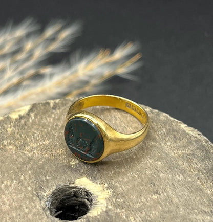 Antique 18 Carat Yellow Gold Bloodstone Signet Ring, Hallmarked Birmingham 1915