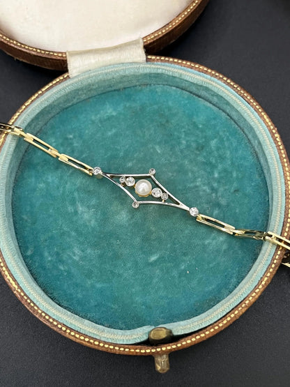 Art Deco 18 Carat Yellow Gold, Platinum, Diamond and Pearl Bracelet, Circa 1920