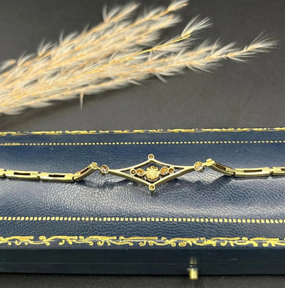 Art Deco 18 Carat Yellow Gold, Platinum, Diamond and Pearl Bracelet, Circa 1920