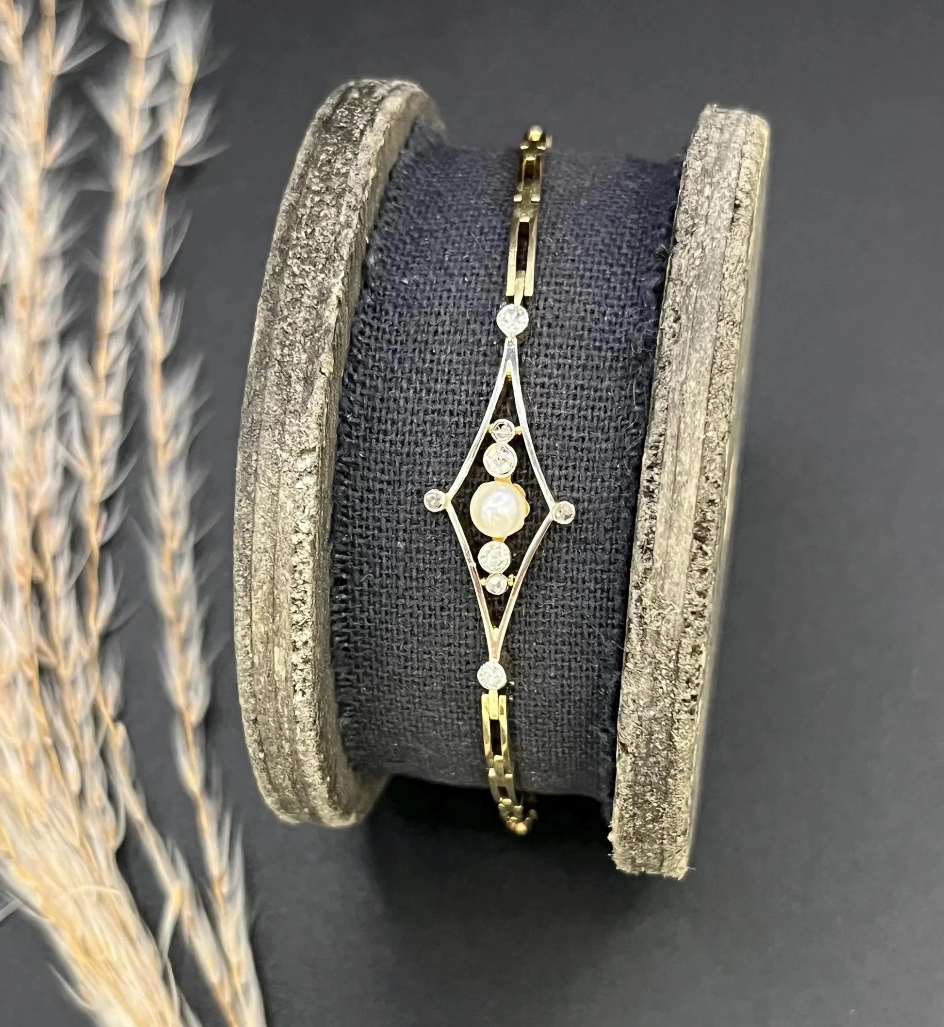 Art Deco 18 Carat Yellow Gold, Platinum, Diamond and Pearl Bracelet, Circa 1920