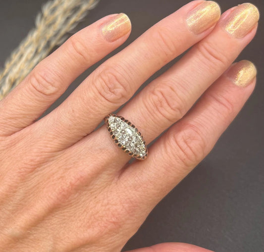Victorian 18 Carat Gold Old Cut Diamond Boat Shaped Ring, Circa 1880