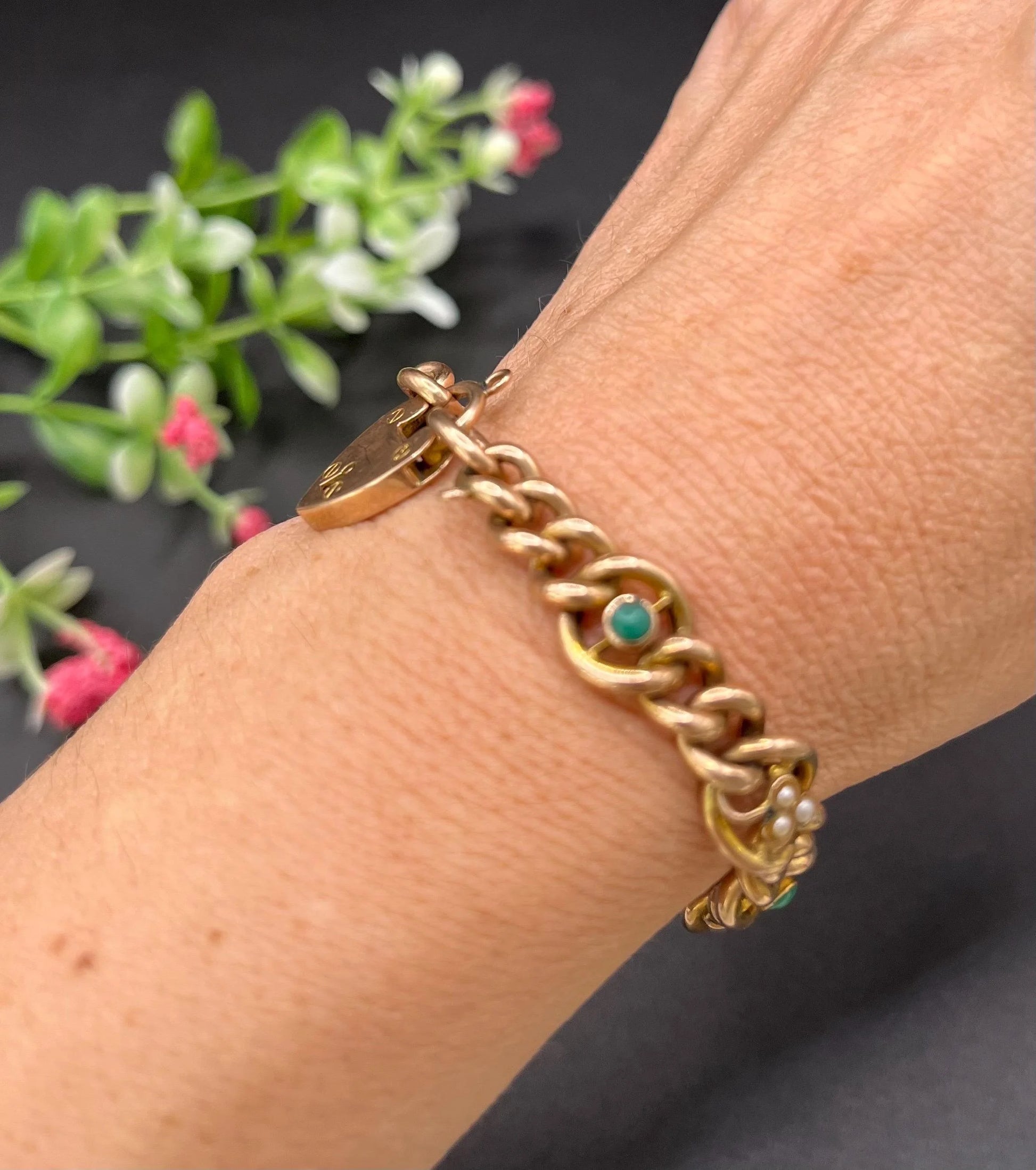 Antique 9 Carat Rose Gold Turquoise and Pearl Curb Bracelet with Heart Padlock