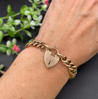 Antique 9 Carat Rose Gold Turquoise and Pearl Curb Bracelet with Heart Padlock