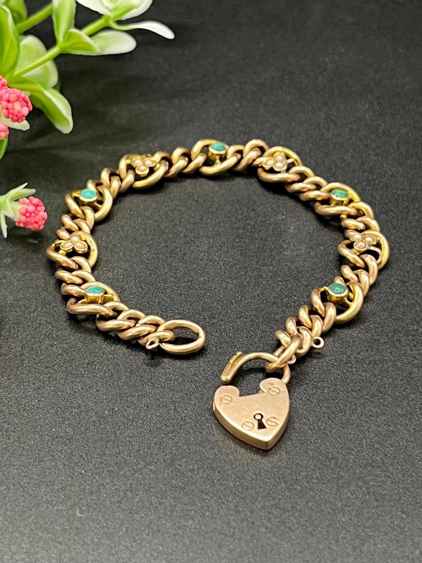 Antique 9 Carat Rose Gold Turquoise and Pearl Curb Bracelet with Heart Padlock