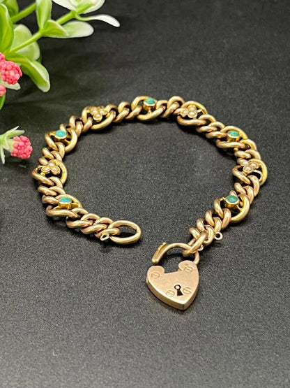 Antique 9 Carat Rose Gold Turquoise and Pearl Curb Bracelet with Heart Padlock