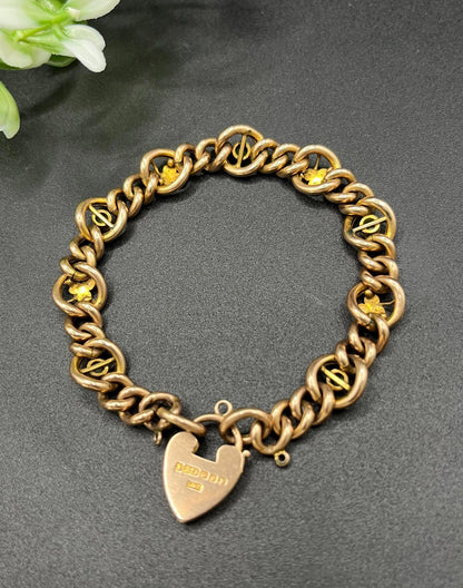 Antique 9 Carat Rose Gold Turquoise and Pearl Curb Bracelet with Heart Padlock