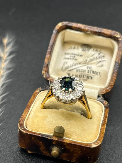 Vintage 18 Carat Gold Sapphire and Diamond Cluster Ring, Hallmarked London 1977