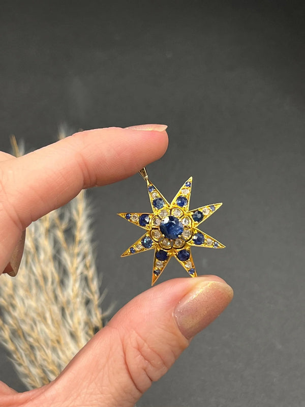 Edwardian 15 Carat Gold Sapphire and Diamond Starburst Pendant, Circa 1900